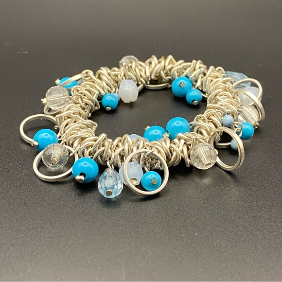 Stretchy Bracelet Silvertone Circles Rings Blue Beads 2 inch Unstretched - Picture 5 of 5